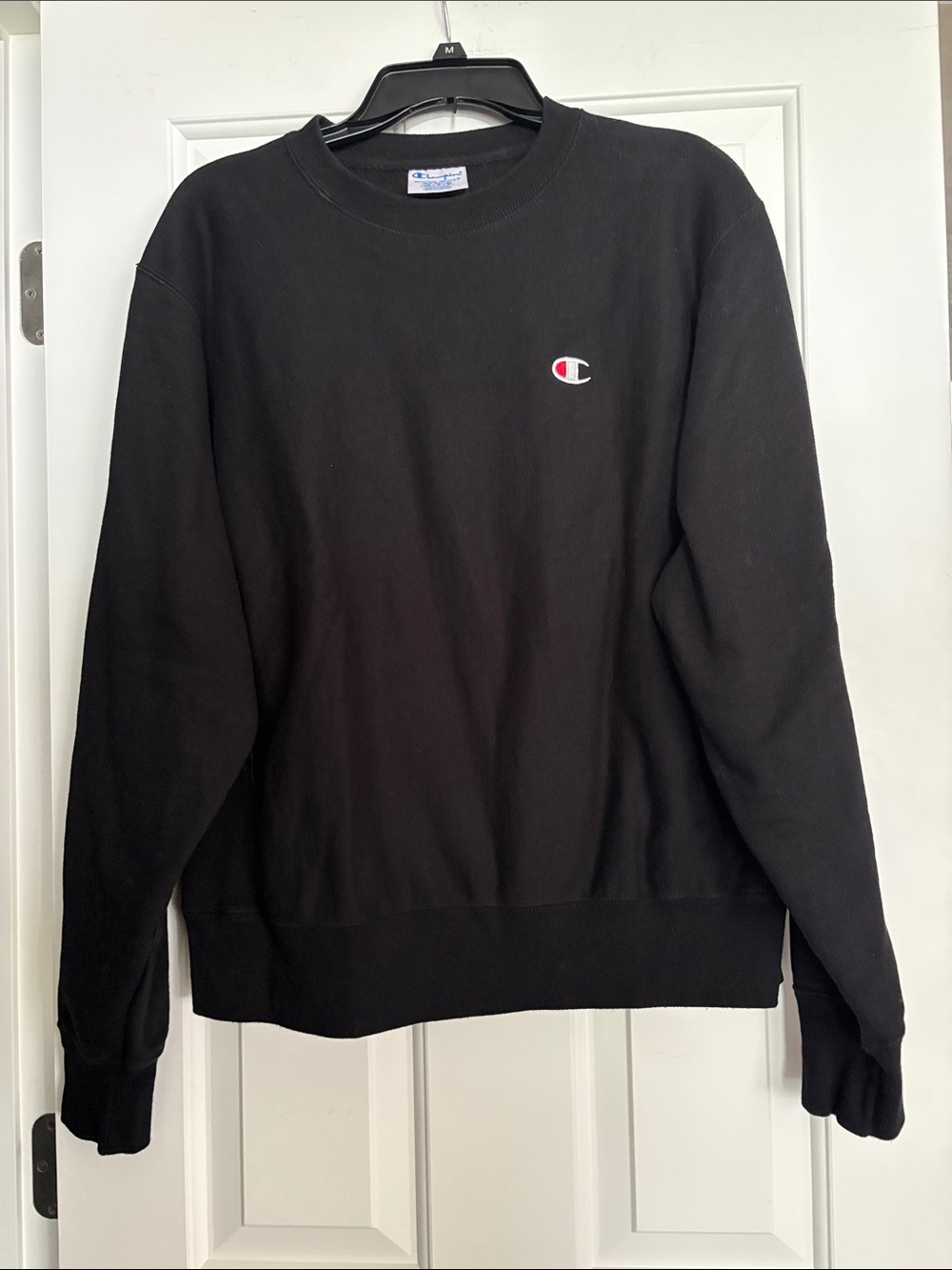 Champion Reverse Weave Black Crew Sweatshirt, M, Relaxed Fit